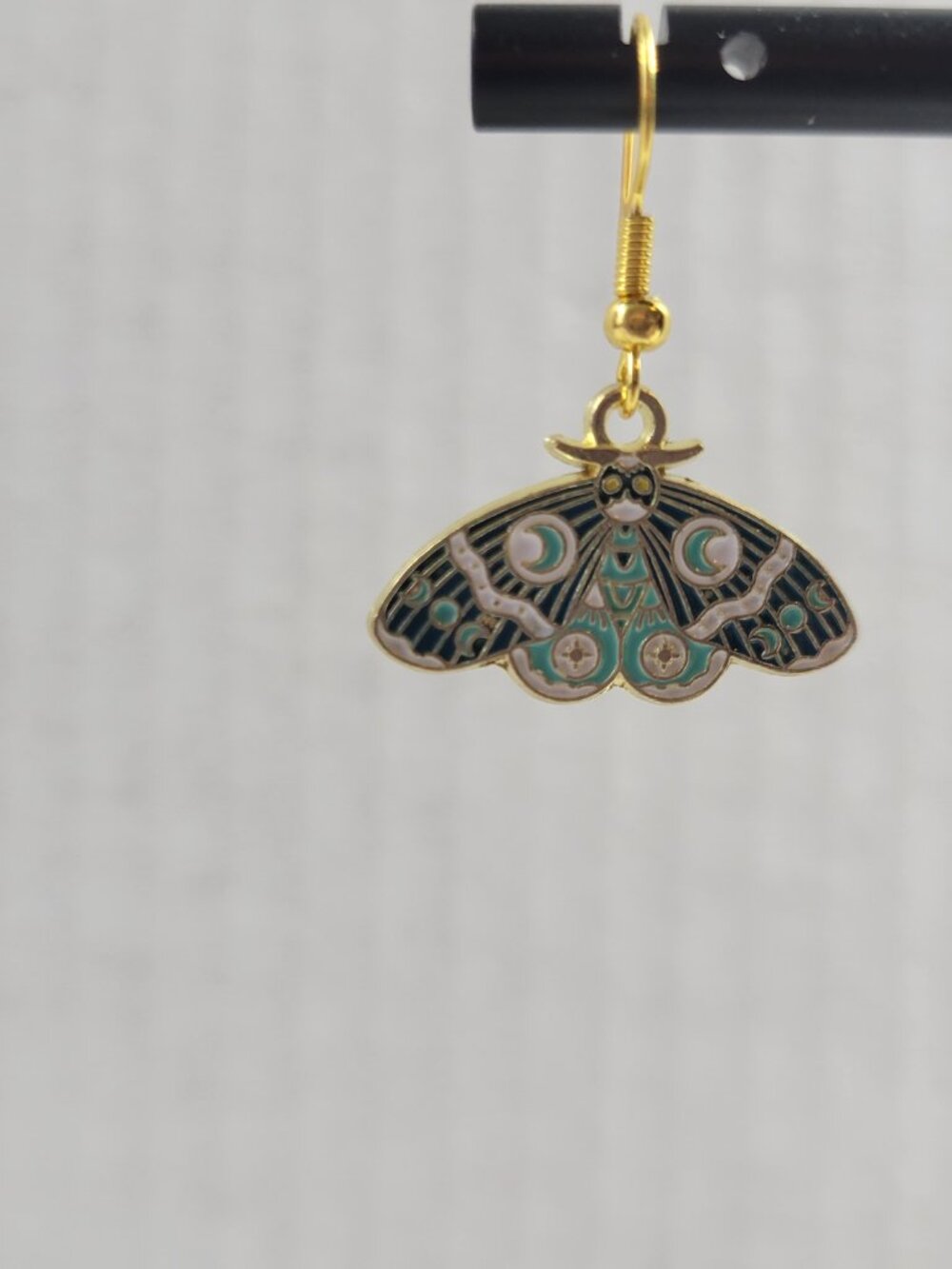 Gold Enamel Moth Dangle Earrings Celestial Crescent Moon Phase Celestial E160E - Picture 2 of 4